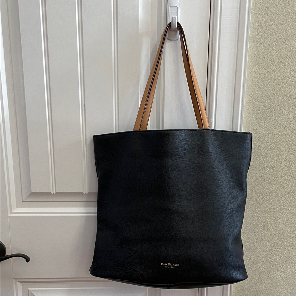 Isaac Mizrahi Black Leather Tote Purse with Tan Straps